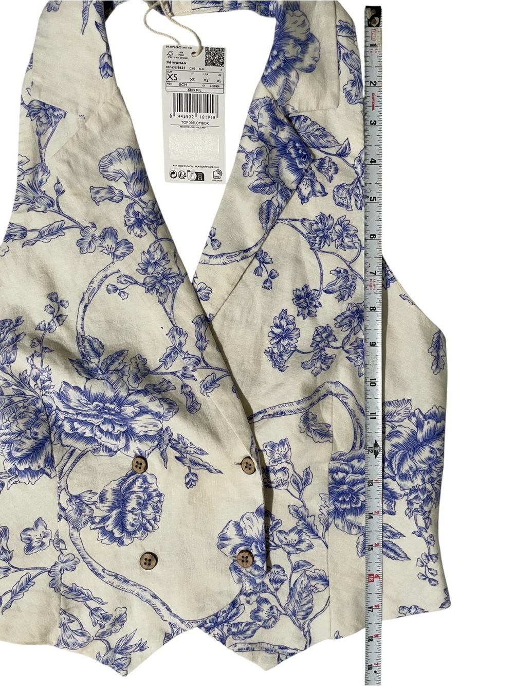 MANGO Floral Toile de Jouy Blue & Ivory Halter Tailored Waistcoat Vest XS - Picture 12 of 12